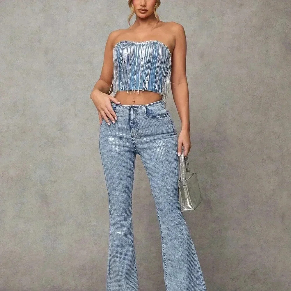 Medium Wash Party Women's Blue Skinny Stretchy Flared Denim Jeans - Picture 7 of 7